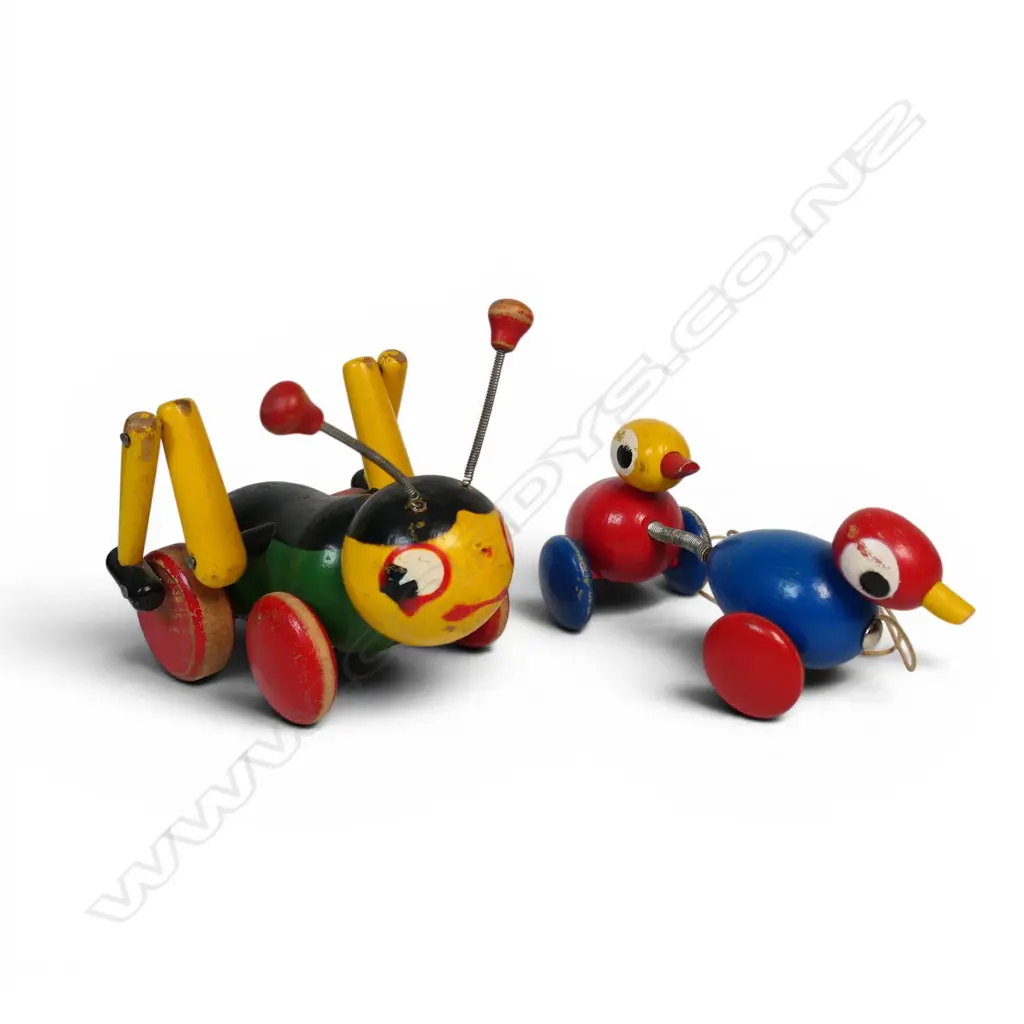 Two vintage wooden pull-along toys; a Kris Cricket and Dorable Duck, Image 1++