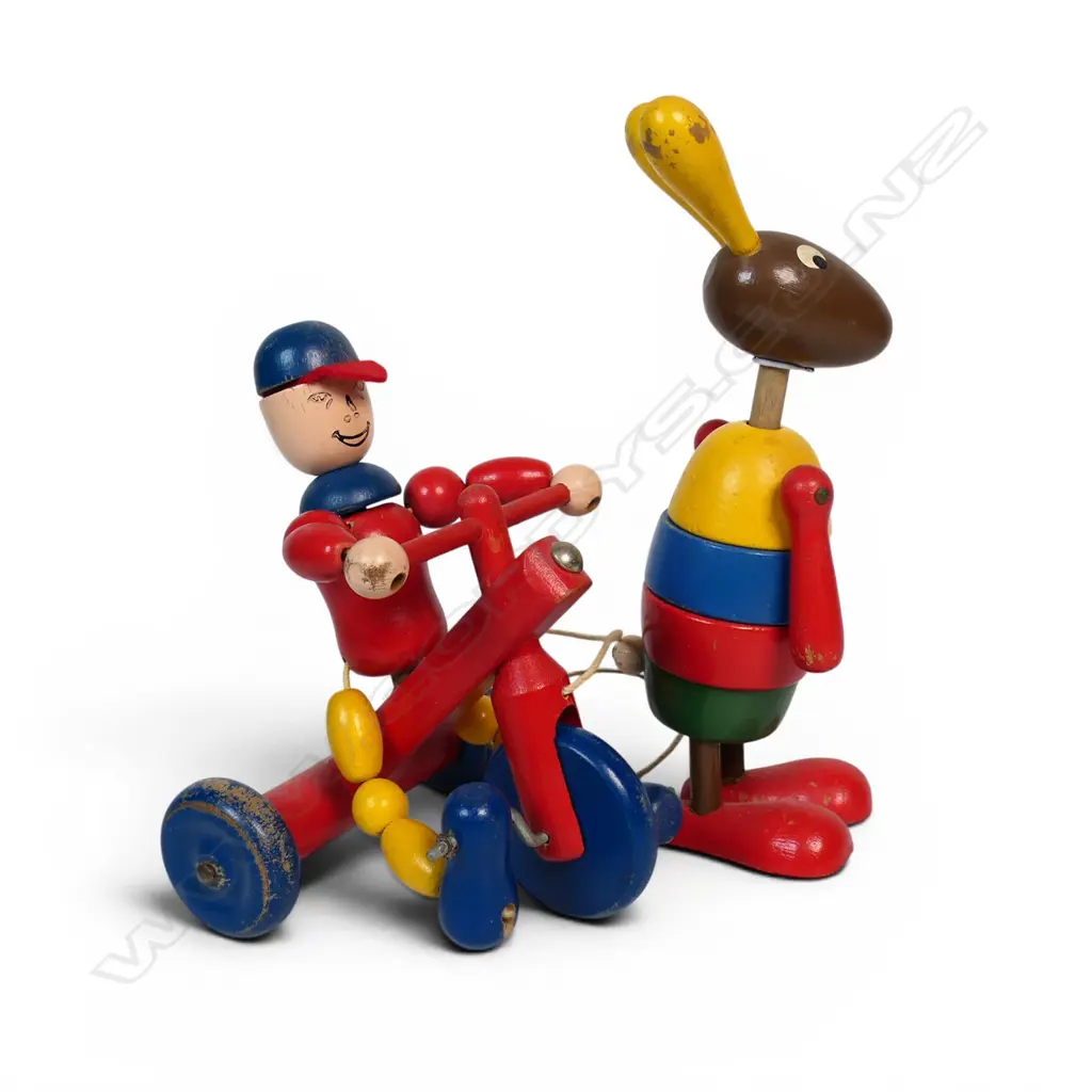 Two vintage wooden toys; a folk-art rabbit and 'Trikey Tom' pull-along toy, Image 1++