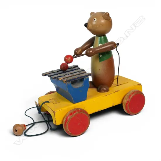 Vintage wooden pull-toy - 'Bear with Xylophone,'