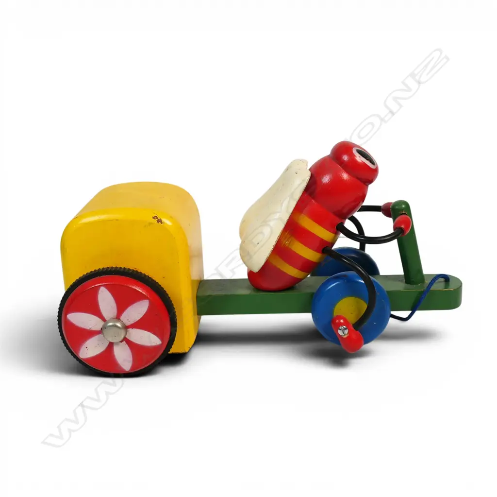 Vintage wooden pull-along toy bee on tricycle, Image 1++