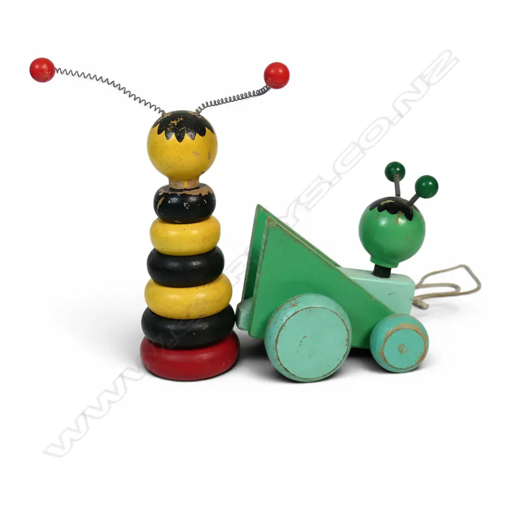 Two vintage wooden toys; stacking-toy bee and pull-along cricket, Image 1++