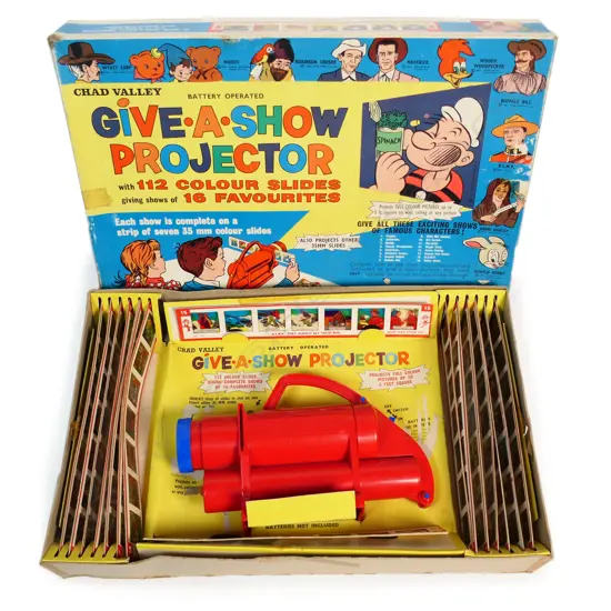 Vintage boxed Chad Valley 'Give.A.Show Projector with 112 Colour Slides giving shoes of 16 Favourites',