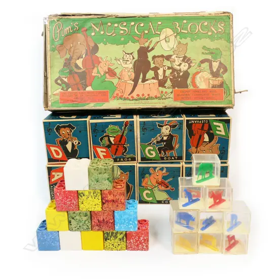 1944 Australian 'Pim's Musical Blocks' and 'Novel Music Book' and vintage plastic block sets,