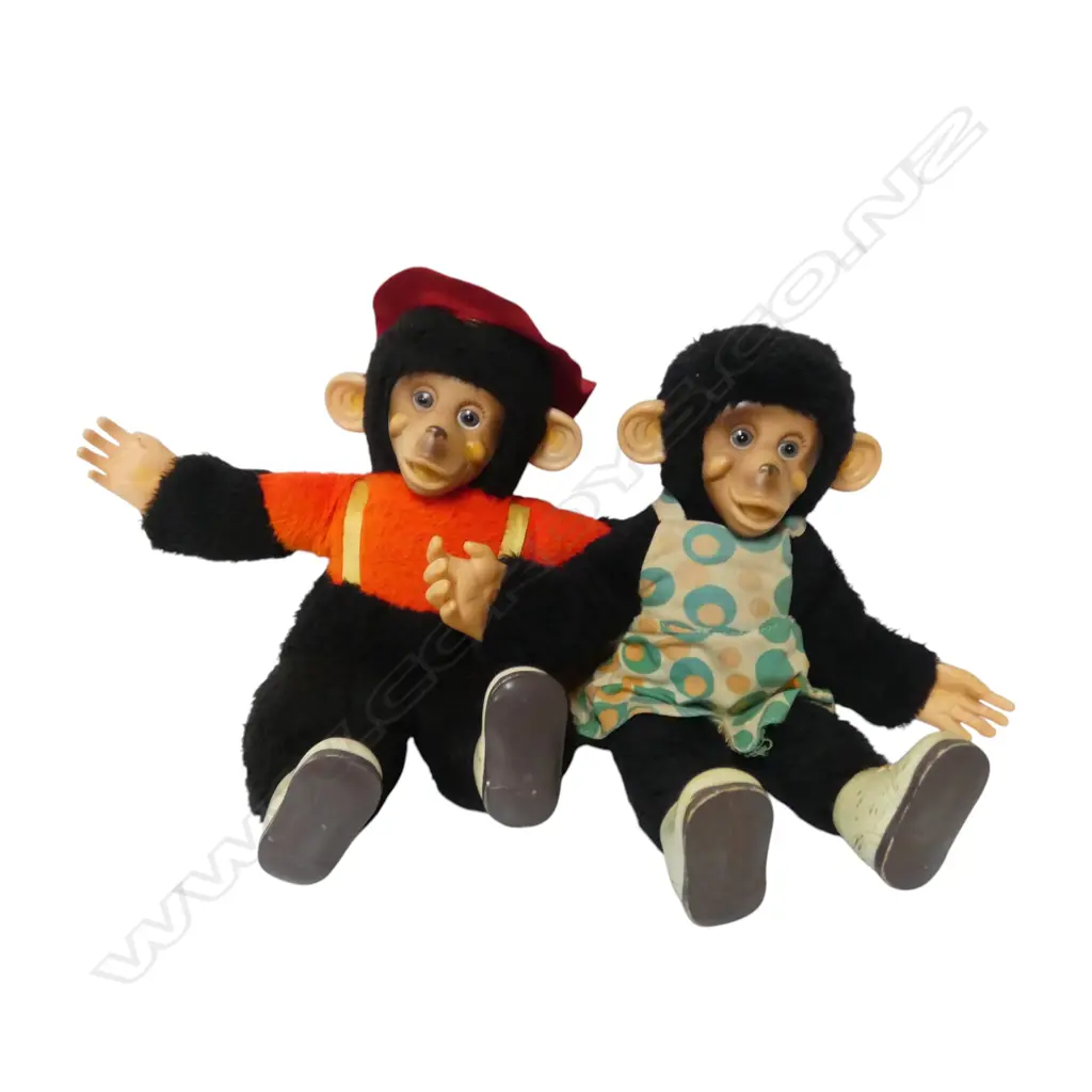 Two similar vintage soft toy tagged monkeys, Image 1++