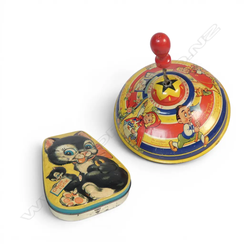 Vintage tin lithographed spinning top and cat lidded tin, Image 1++