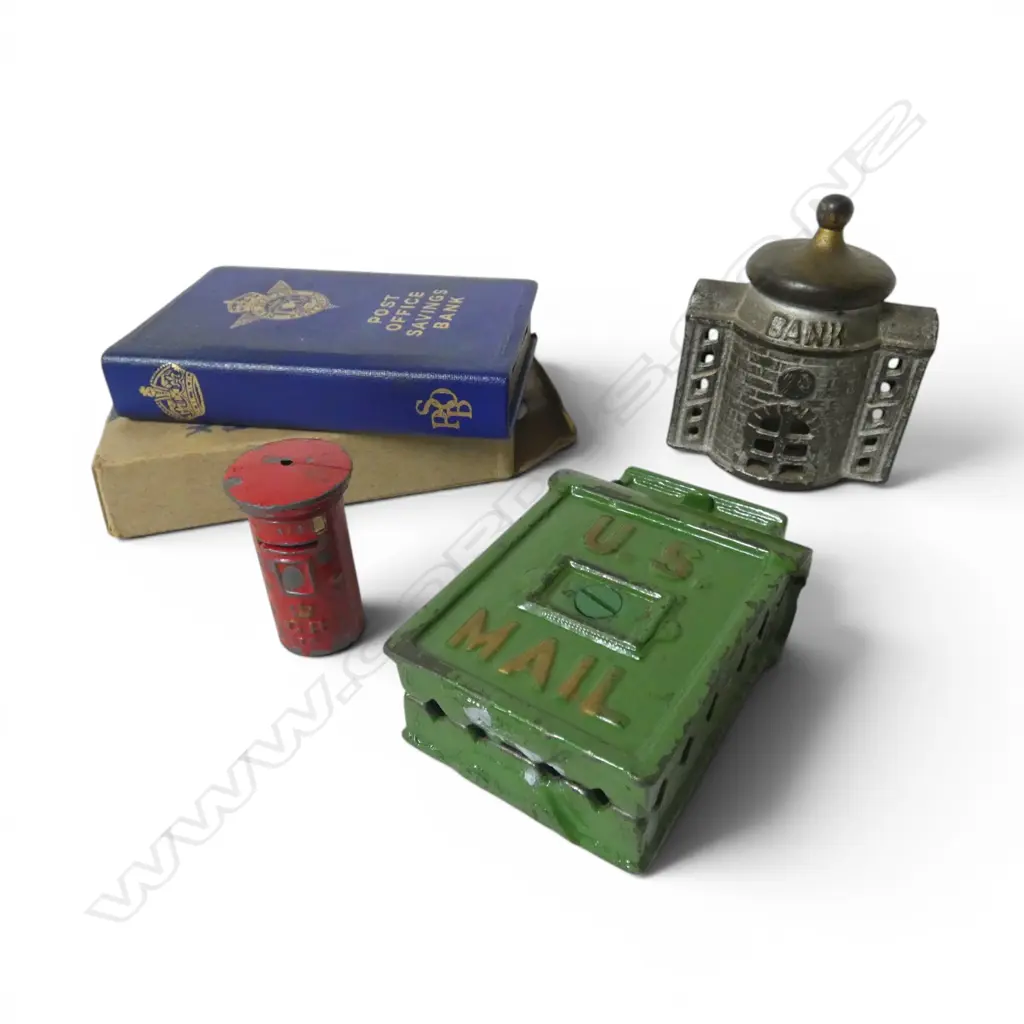 Four novelty money boxes;  NZ Post Office -  US mail - a bank and pillar box, Image 1++