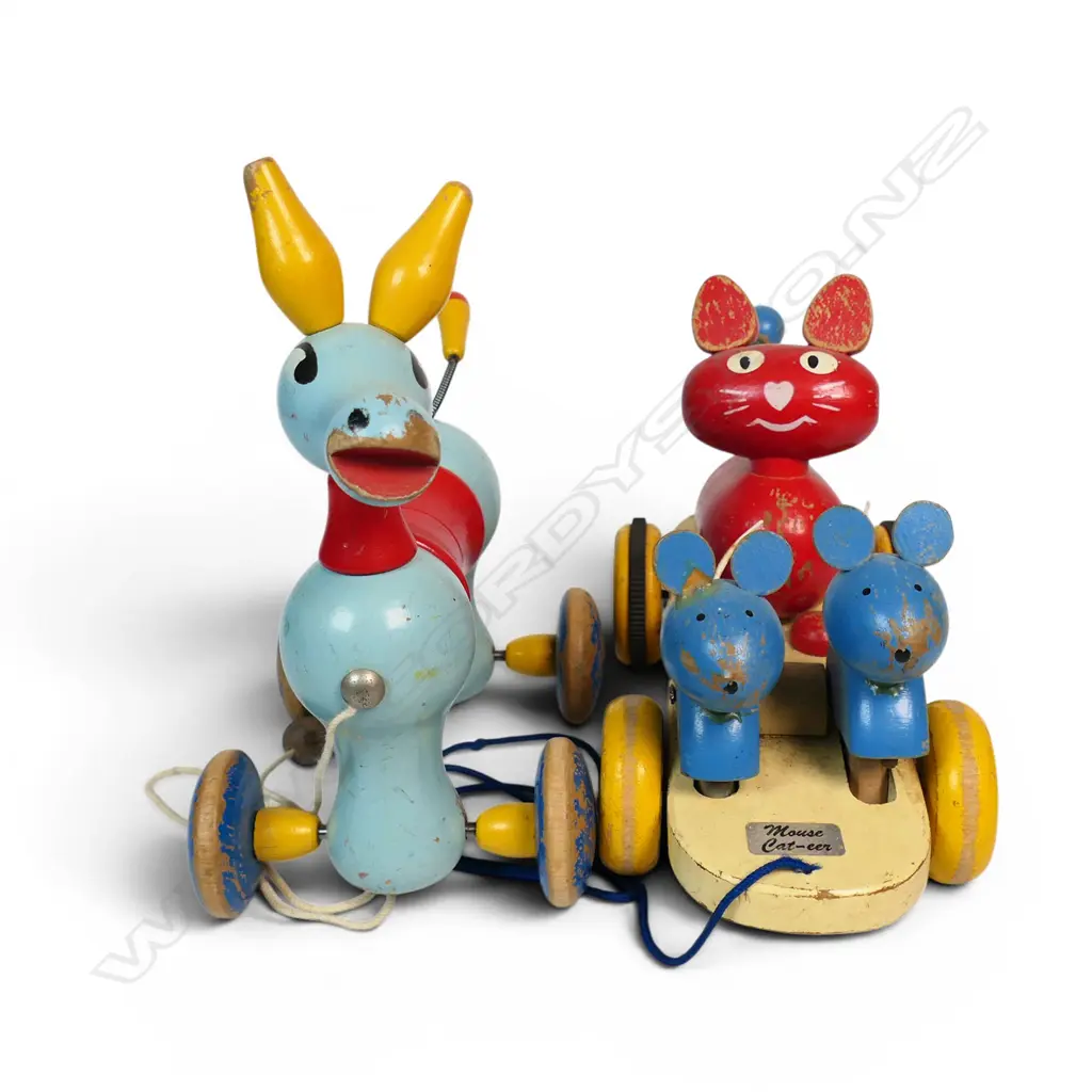 Two vintage wooden pull-toys; 'Mouse Cat-eer' and Donkey, Image 1++