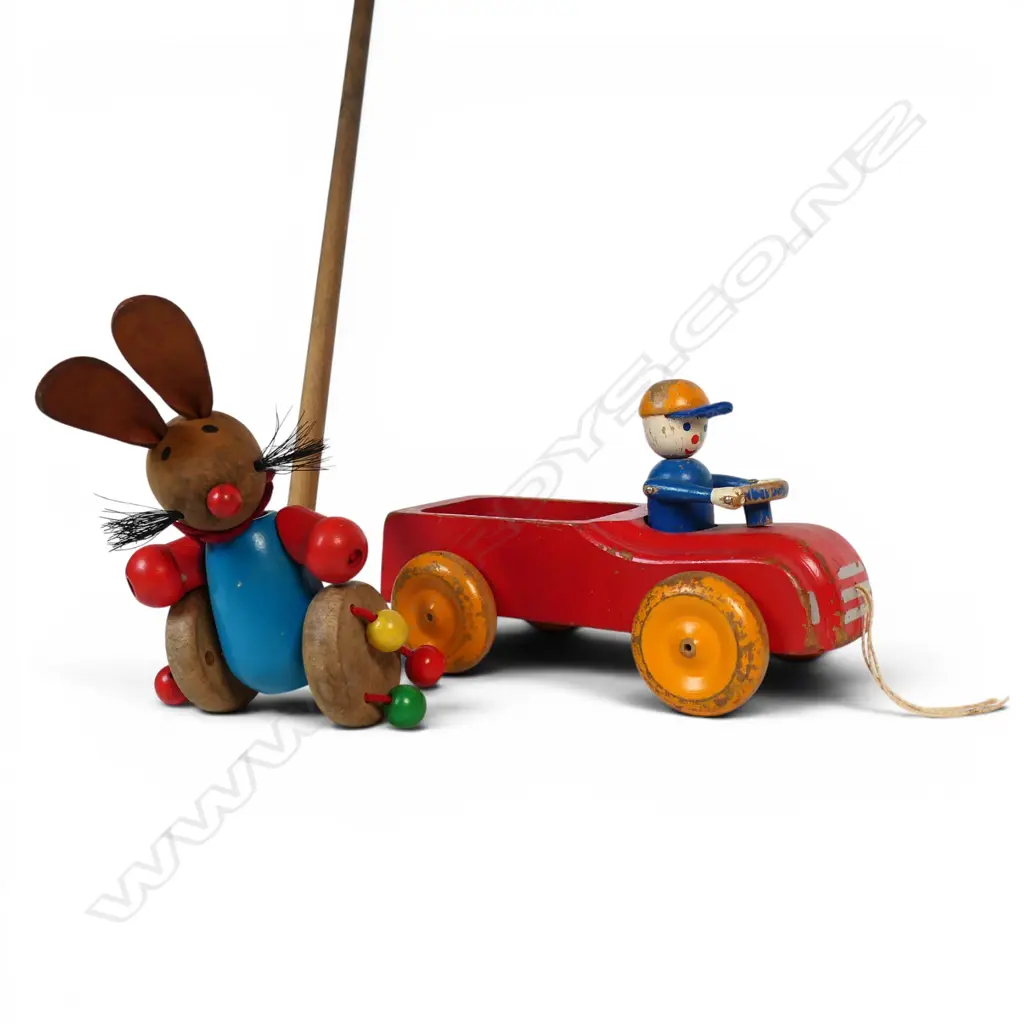 One vintage truck and driver pull-along toy and a bunny push-along toy, Image 1++