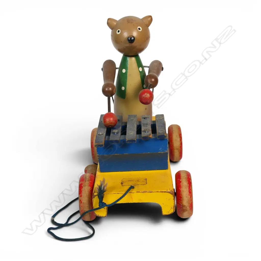 Vintage wooden pull-toy - 'Bear with Xylophone,' Image 1++