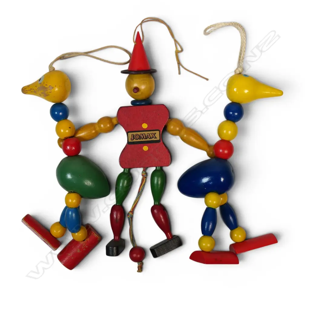 Three Vintage wooden toy; Jumping Jack pull-string toy and two Oscar Ostrich, Image 1++