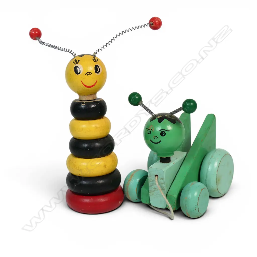 Two vintage wooden toys; stacking-toy bee and pull-along cricket, Image 1++