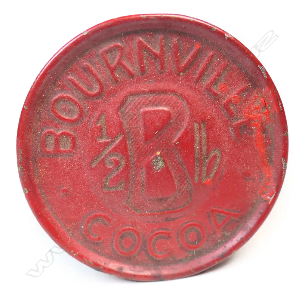 c.1930's Cadburys Bournville Cocoa tin with most paper label 'A Toy in Every tin' and collector's enamel badge, Image 1++