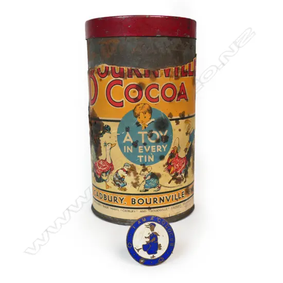 c.1930's Cadburys Bournville Cocoa tin with most paper label 'A Toy in Every tin' and collector's enamel badge,