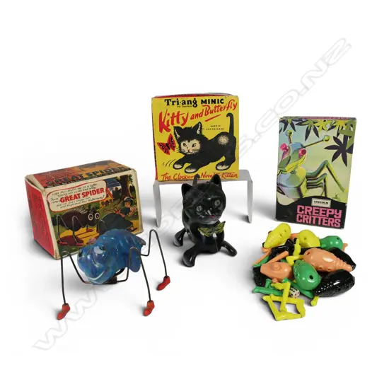 Two Tri-ang mechanical toys and vintage 'Creepy Critters' game,