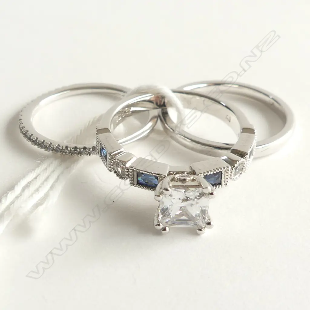 3 925 SILVER & CZ RINGS; 1 PLAIN WEDDER, 1 CZ WEDDER + SOLITAIRE W CZ/FAUX SAPPHIRE BAND Image 1++