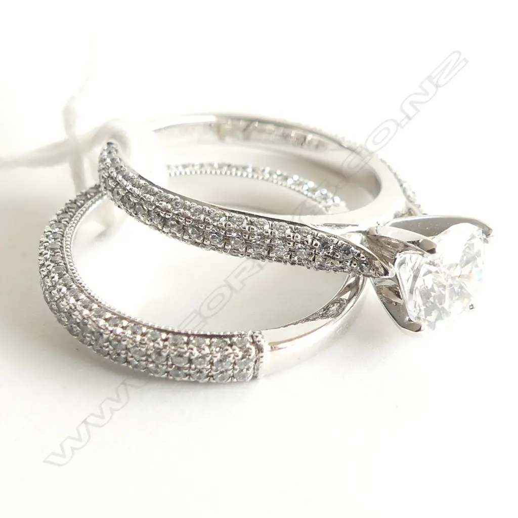 2 925 SILVER & CZ RINGS; CZ WEDDER + CZ BAND W SEMI MOUNT SOLITAIRE Image 1++