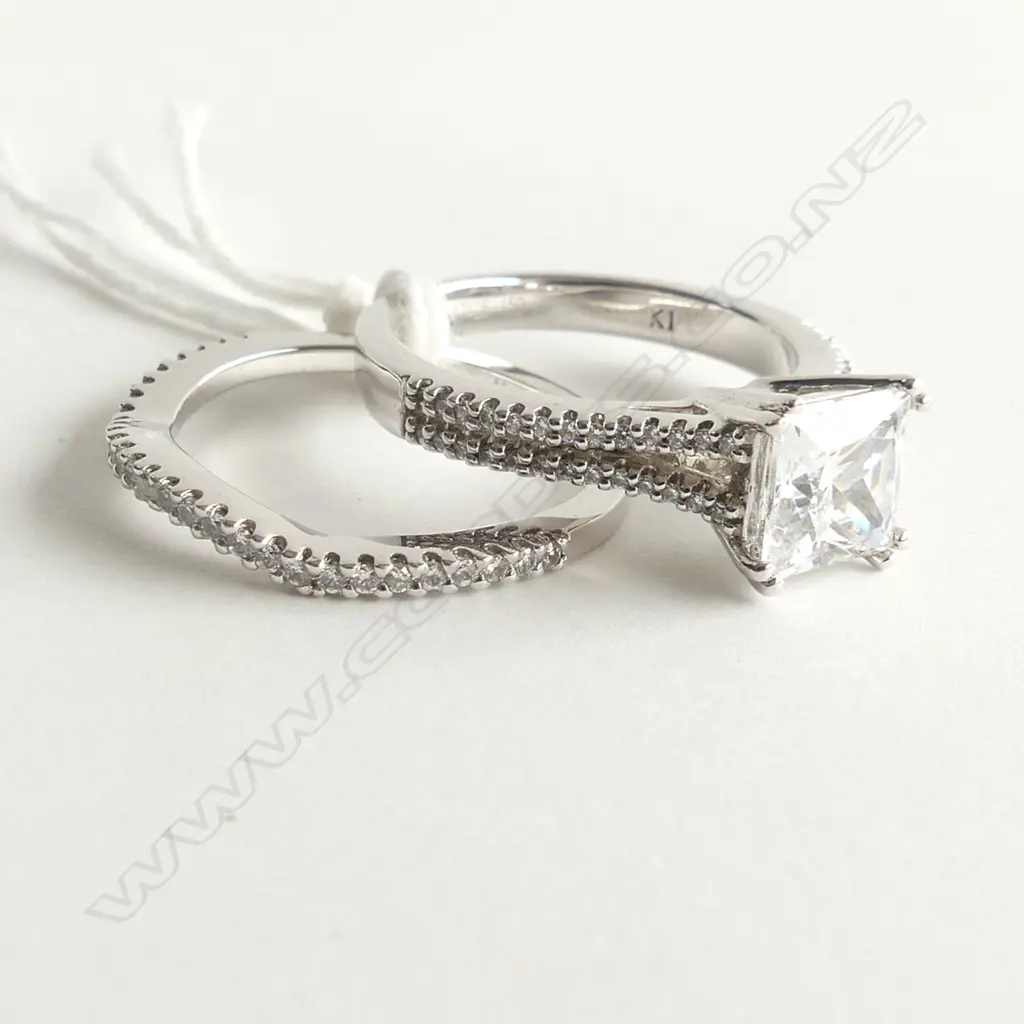 2 925 SILVER & CZ RINGS; CURVED CZ WEDDER + SEMI SPLIT CZ BAND WITH SOLITAIRE Image 1++