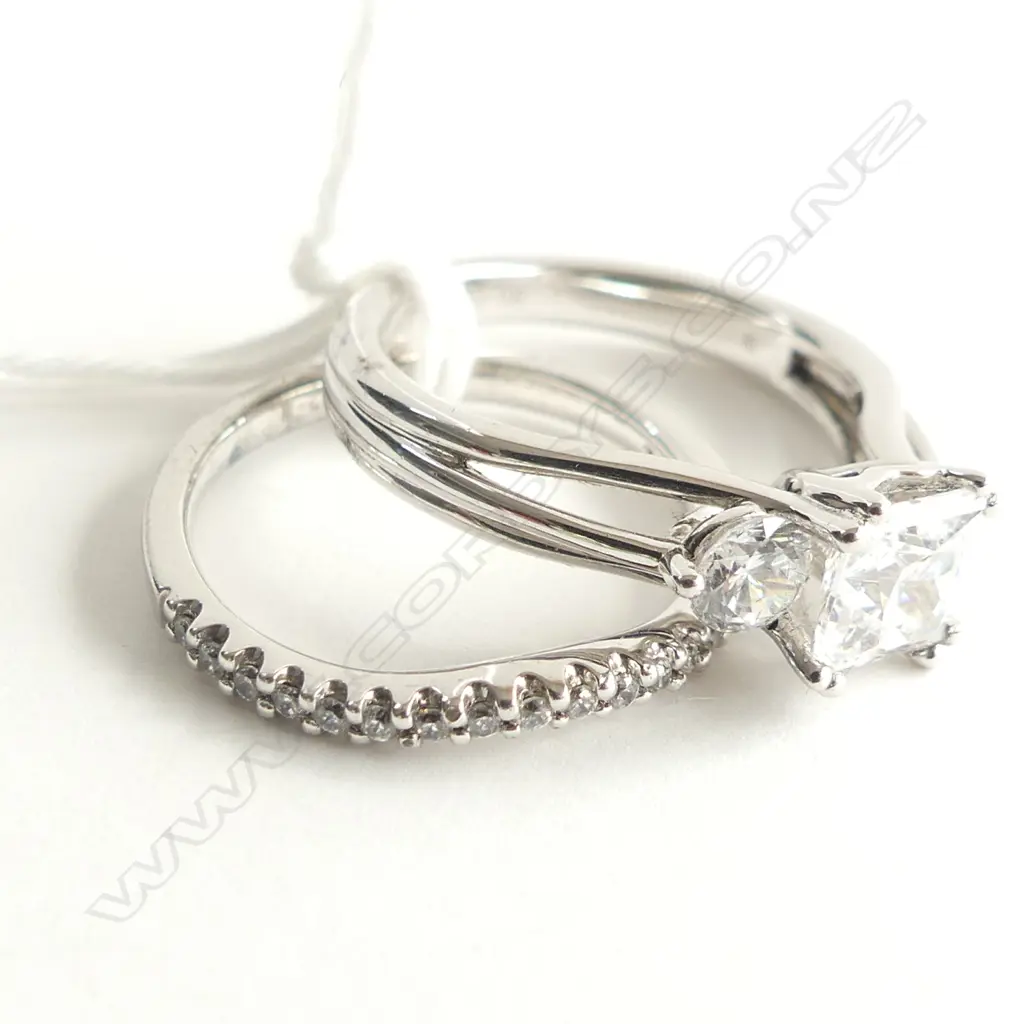 2 925 SILVER & CZ RINGS; CURVED CZ WEDDER + 3 STONE SPLIT BAND  Image 1++