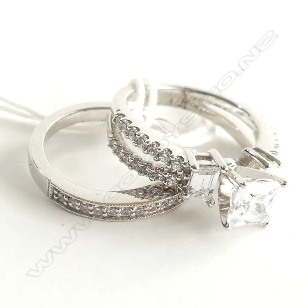2 925 SILVER & CZ RINGS; CURVED CZ WEDDER + SPLIT BAND W SEMI MOUNTED SOLITAIRE CZ Image 1++