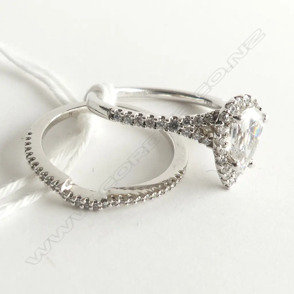 2 925 SILVER & CZ RINGS; CURVED CZ WEDDER + PEAR HALO CZ  Image 1++