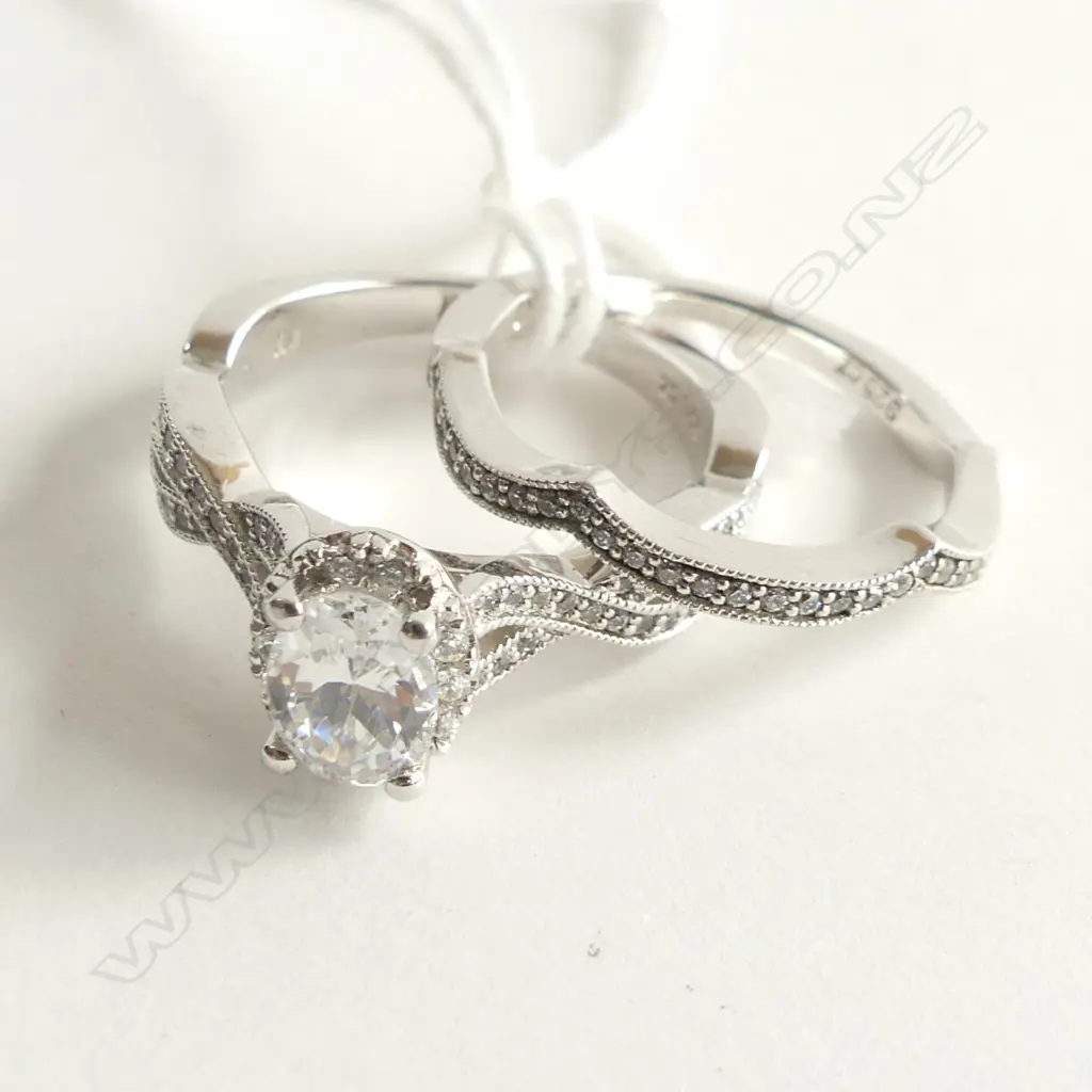 2 925 SILVER & CZ RINGS; 1 CZ SCALLOPED WEDDER + WOVEN BAND WITH LG CZ Image 1++