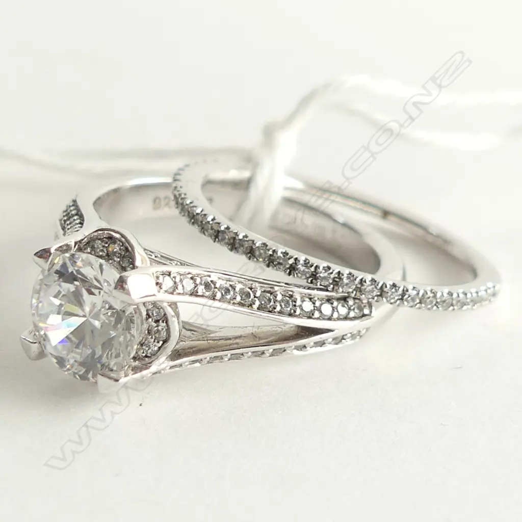 2 925 SILVER & CZ RINGS; CZ WEDDER + SPLIT CZ BAND W SOLITAIRE Image 1++