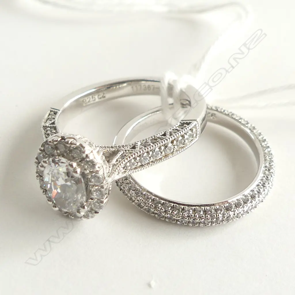 2 925 SILVER & CZ RINGS;  CZ WEDDER + CZ BAND W CZ SOLITAIRE Image 1++