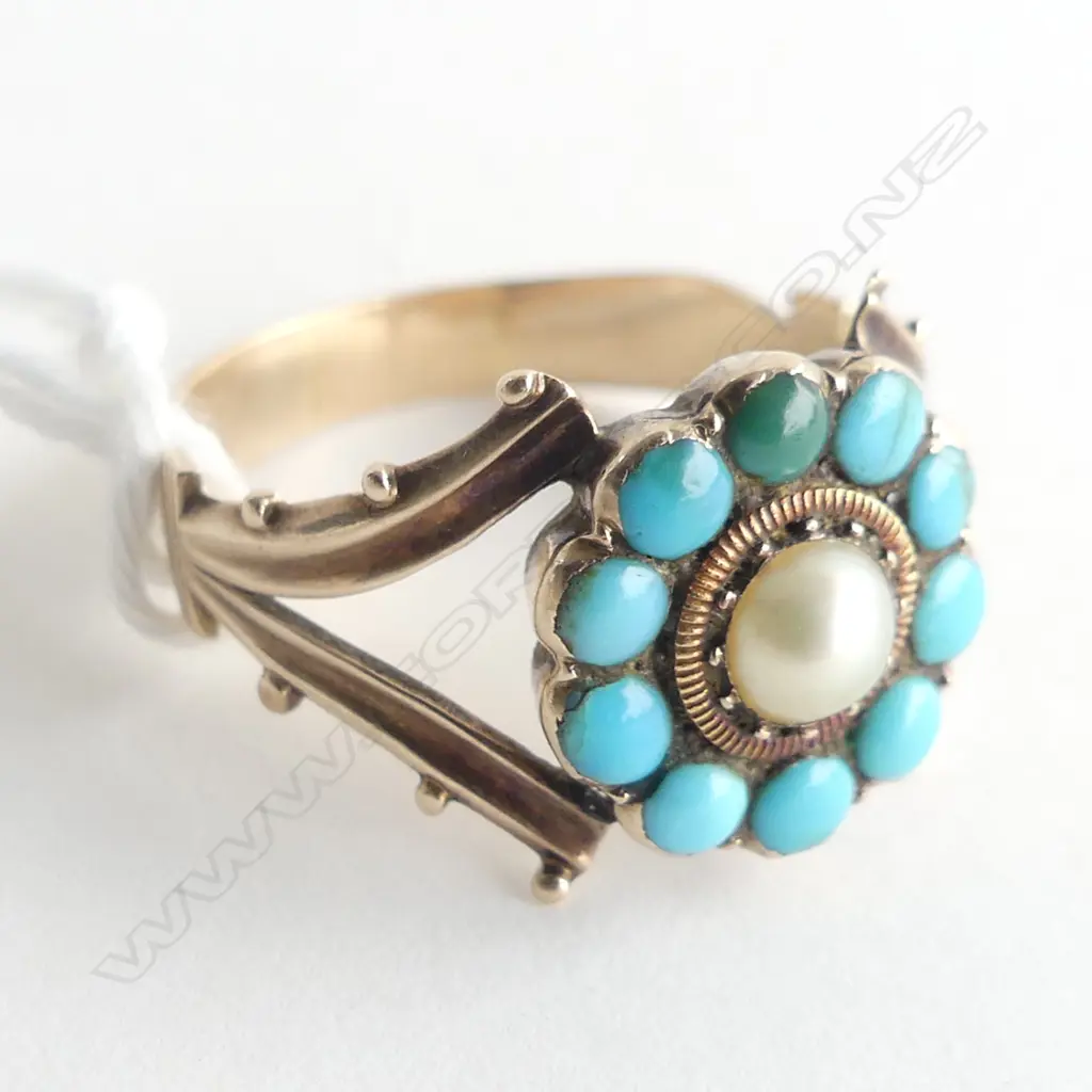 ANTIQUE 9CT GOLD PEARL AND TURQUOISE RING Image 1++