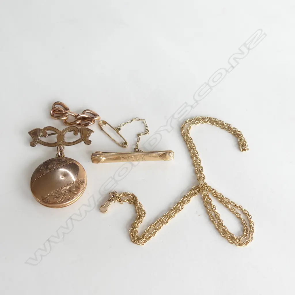9CT LOCKET BROOCH 9CT RODD BAR BROOCH + 9CT CURB LINKS + CHAIN Image 1++