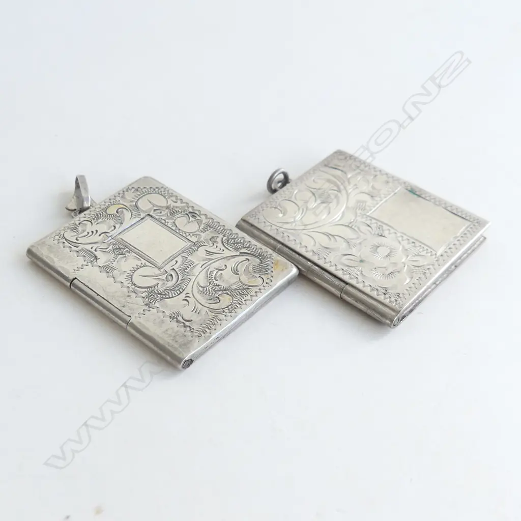 2 SILVER PLATE ENGRAVED BOOK SHAPED LOCKET PENDANTS (40 X 30MM) Image 1++