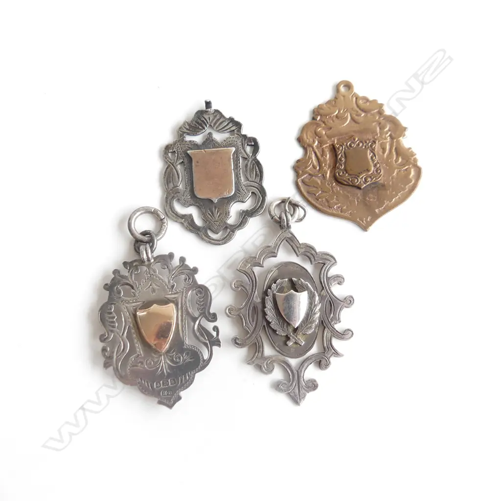THREE SILVER FOB MEDALS & ONE 18CT GOLD PLATED MEDAL Image 1++
