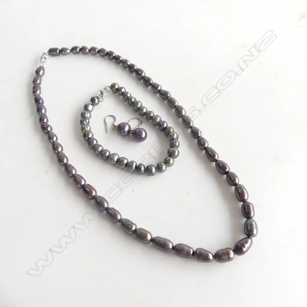 BLACK PEARL NECKLACE L.440mm, BRACELET & EARRINGS SET Image 1++