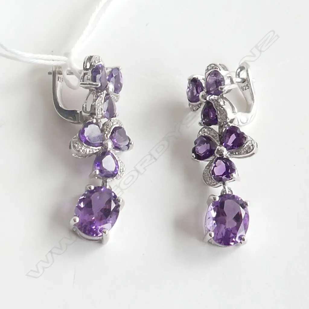 PAIR SILVER EARRINGS WITH AMETHYST STYLE STONES AND CZs  Image 1++