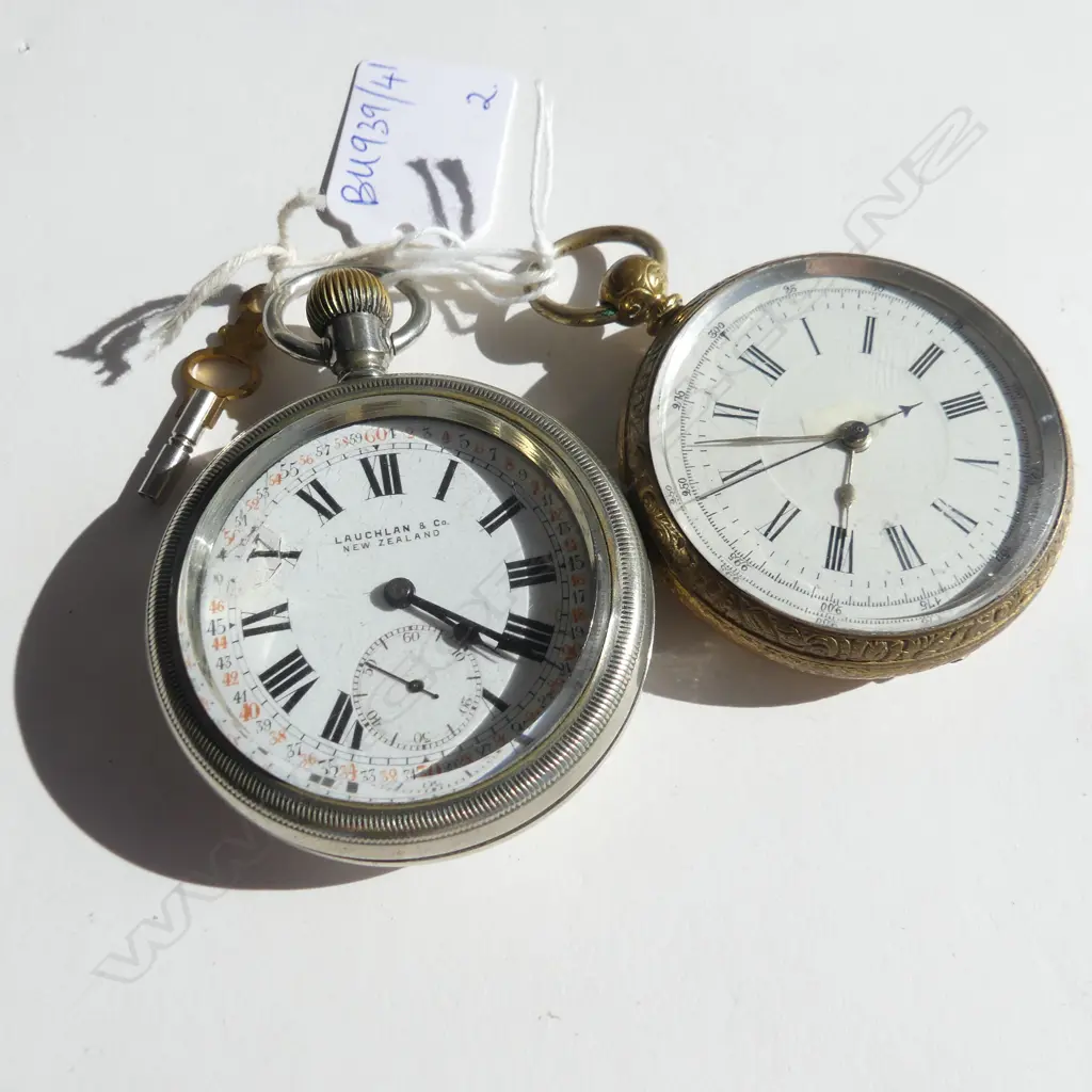 2 POCKET WATCHES; KEY WIND CHRONOGRAPH + NICKEL PLATE KEYLESS (some damage to face) Image 1++