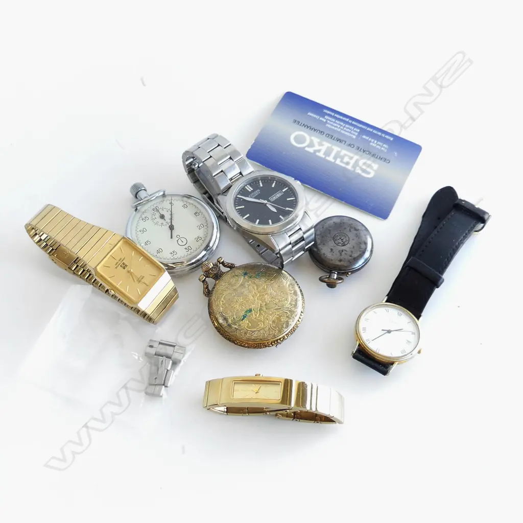 4 WATCHES (SEIKO, CITIZEN ETC) + 2 POCKET WATCHES & A STOPWATCH Image 1++