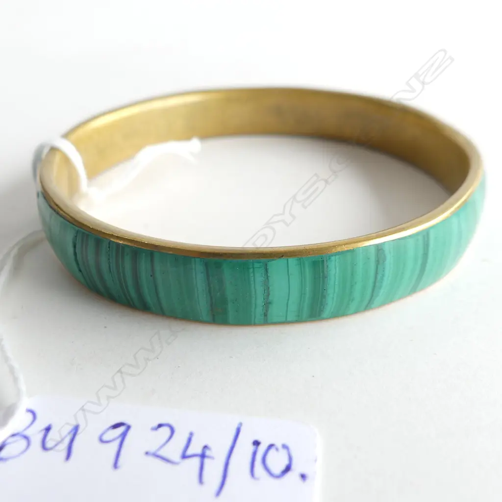 BANGLE; MALACHITE ON BRASS 65mm int. dia. Image 1++