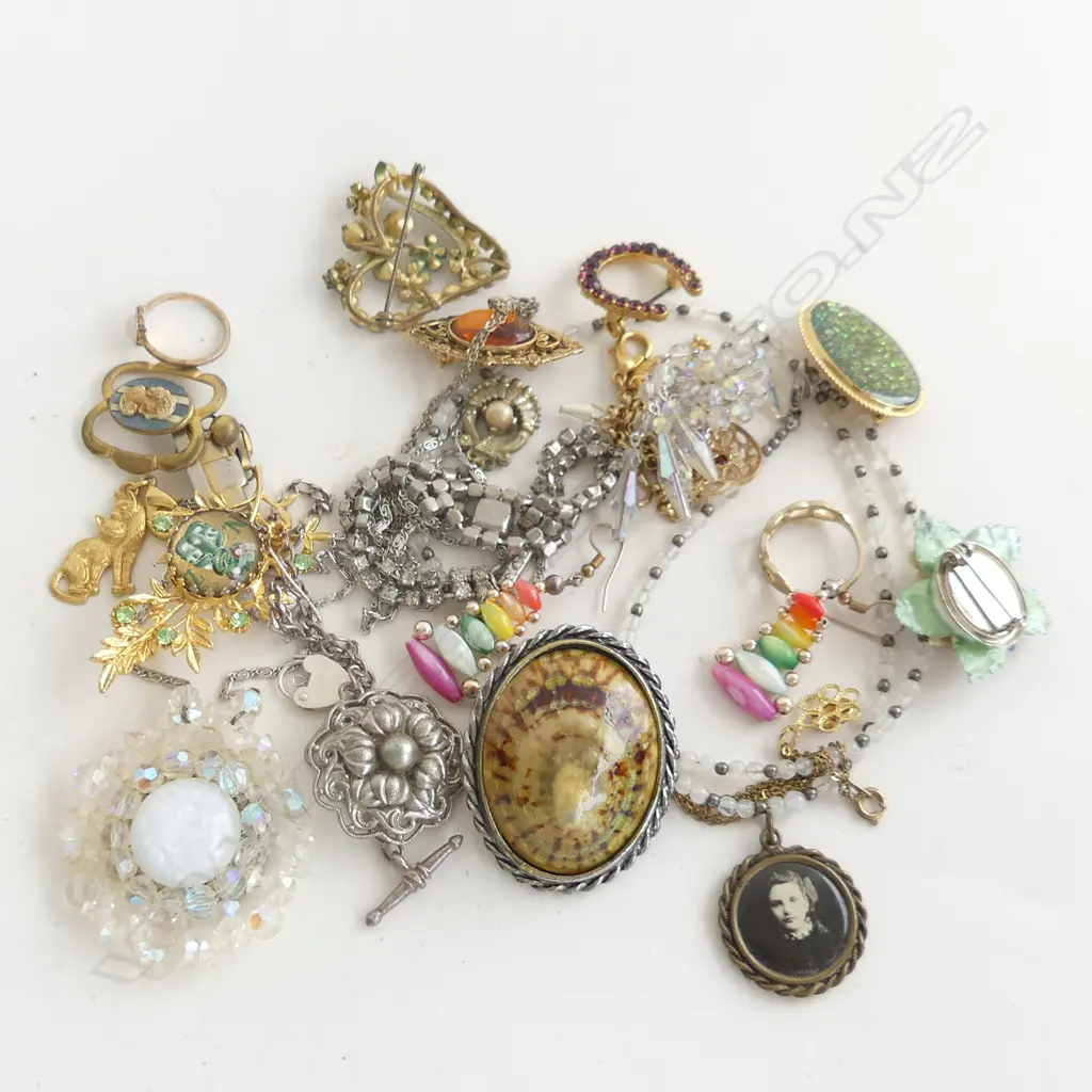 BAG ASST COSTUME JEWELLERY; BROOCHES, NECKLACES ETC.. Image 1++