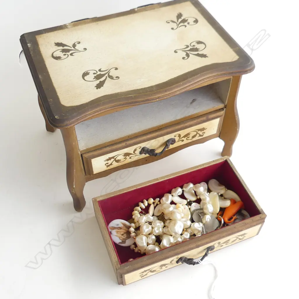 OLD WOODEN 2 DRAWER MUSICAL JEWELLERY BOX (L 235MM), TOP DRAWER FULL OF COSTUME JEWELLERY Image 1++