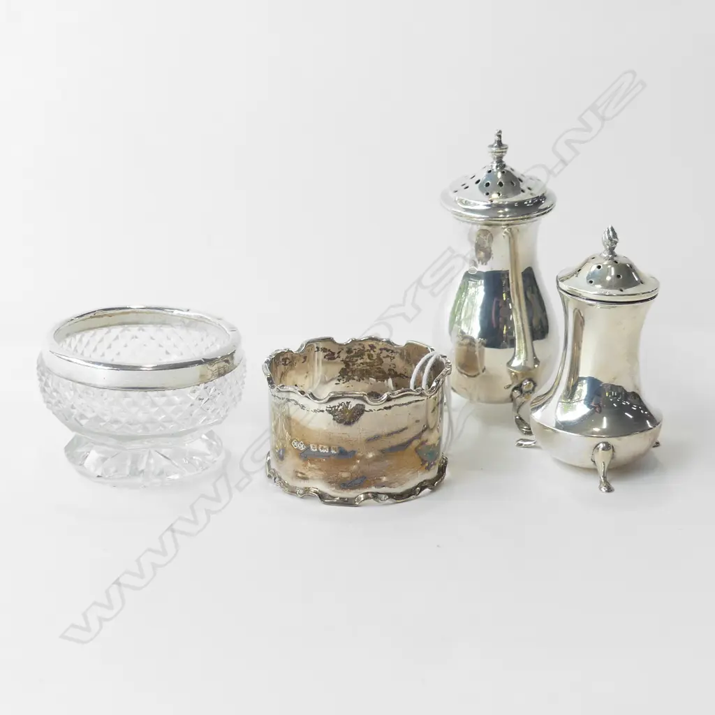 2 STG SILVER CONDIMENTS, NAPKIN RING 66 GRAMS + CRYSAL SALT w. STG TRIM Image 1++