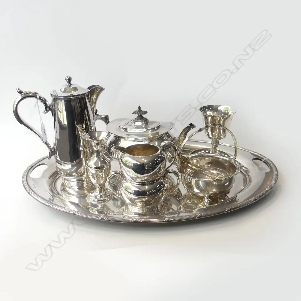 SILVER PLATE TRAY WITH ASSORTED SILVER PLATE ITEMS (teapot/hotwater pot/ etc) Image 1++