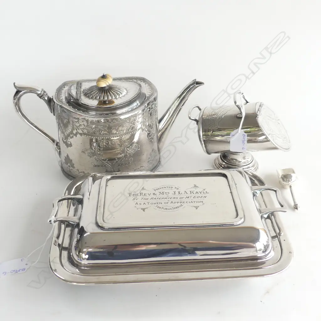 SILVER PLATE; SUGAR COAL SCUTTLE & SCOOP, ORNATE TEAPOT & ENGRAVED LIDDED SERVING DISH (MT EDEN PROV.) Image 1++