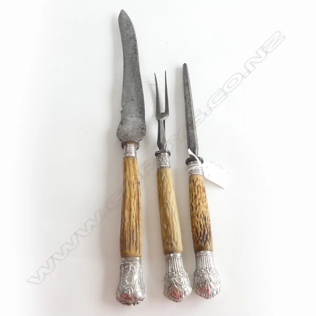 VICTORIAN 3 PC STAGS HORN & STG SILVER HANDLE CARVING SET, SHEFFIELD 1894, L. 410MM Image 1++