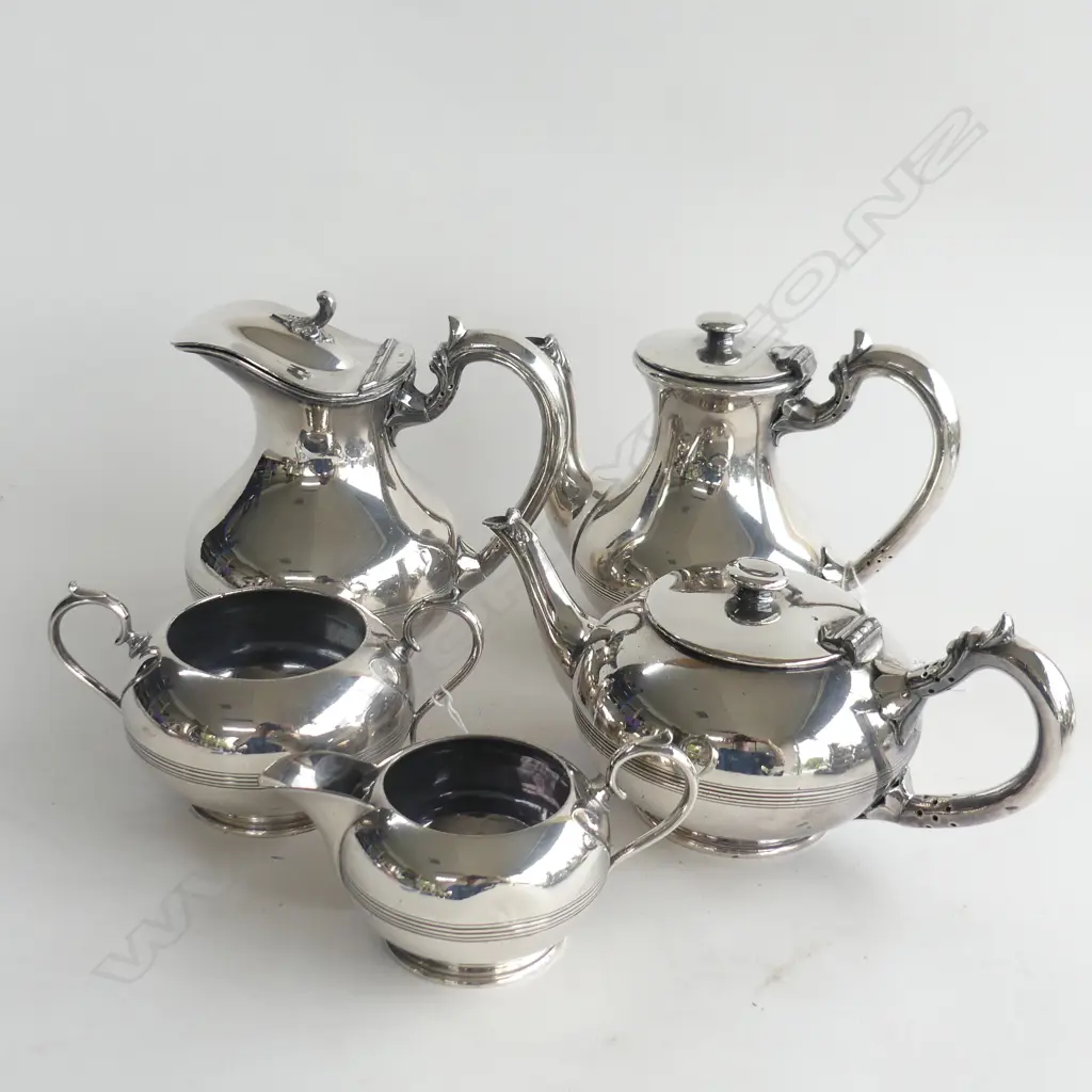WALKER & HALL SILVER PLATE 5 PC SET; TEAPOT, COFFEE POT, HOT WATER JUG, MILK JUG & SUGAR BOWL  Image 1++