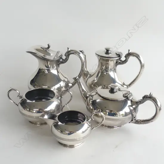 WALKER & HALL SILVER PLATE 5 PC SET; TEAPOT, COFFEE POT, HOT WATER JUG, MILK JUG & SUGAR BOWL 