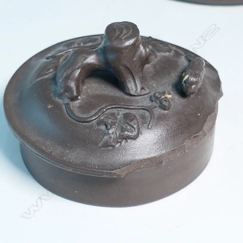 YIXING TEAPOT MARKED 蔣鳳英制 (JIANG FENGYING)  BASE 鳳英 (FENGYING) COVER. DARK BROWN, NATURALISTIC MODELLED. CHIPS. W.160mm Image 1++