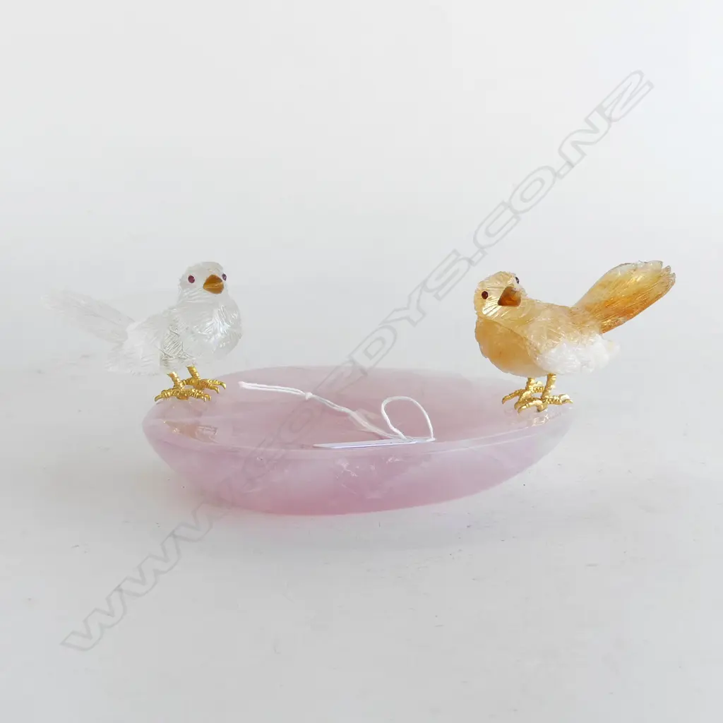 ROCK CRYSTAL CARVED TWO BIRDS (CITRINE & CRYSTAL) ON ROSE QUARTZ BASE.H.115mm **RTV** Image 1++