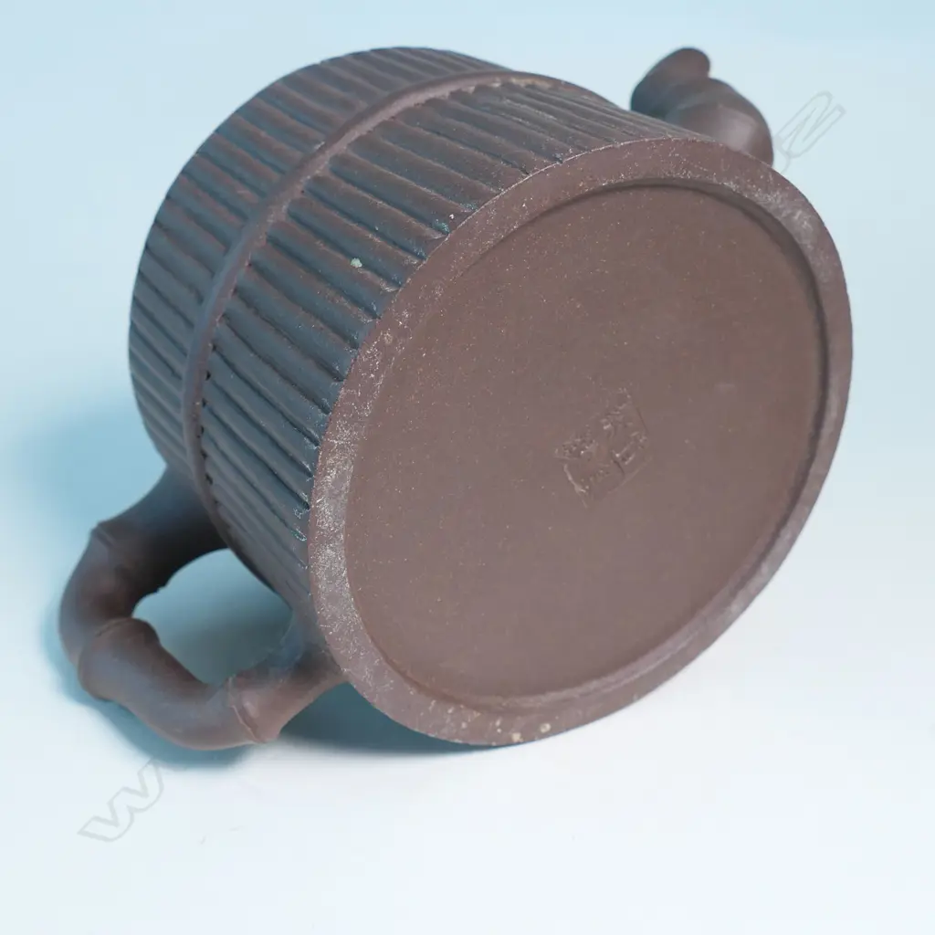 YIXING TEAPOT, MARKED 宜興紫砂 (YIXING ZISHA), MODELLED AS BUNDLED YARROW STALKS , I-CHING TRIGRAM PATTERN LID, CHIPS. W.190 Image 1++