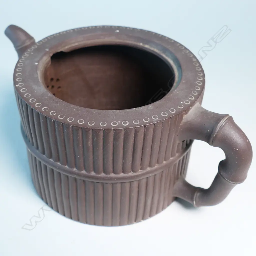 YIXING TEAPOT, MARKED 宜興紫砂 (YIXING ZISHA), MODELLED AS BUNDLED YARROW STALKS , I-CHING TRIGRAM PATTERN LID, CHIPS. W.190 Image 1++