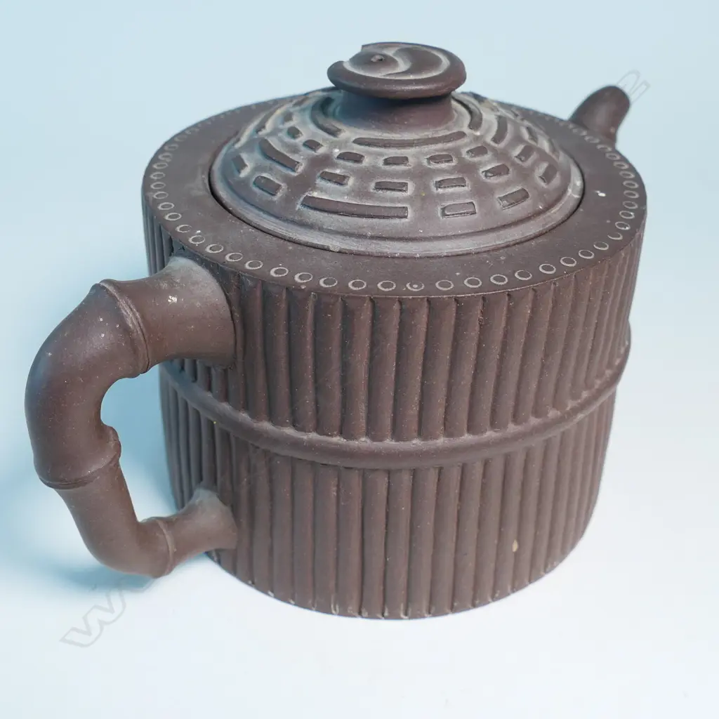 YIXING TEAPOT, MARKED 宜興紫砂 (YIXING ZISHA), MODELLED AS BUNDLED YARROW STALKS , I-CHING TRIGRAM PATTERN LID, CHIPS. W.190 Image 1++