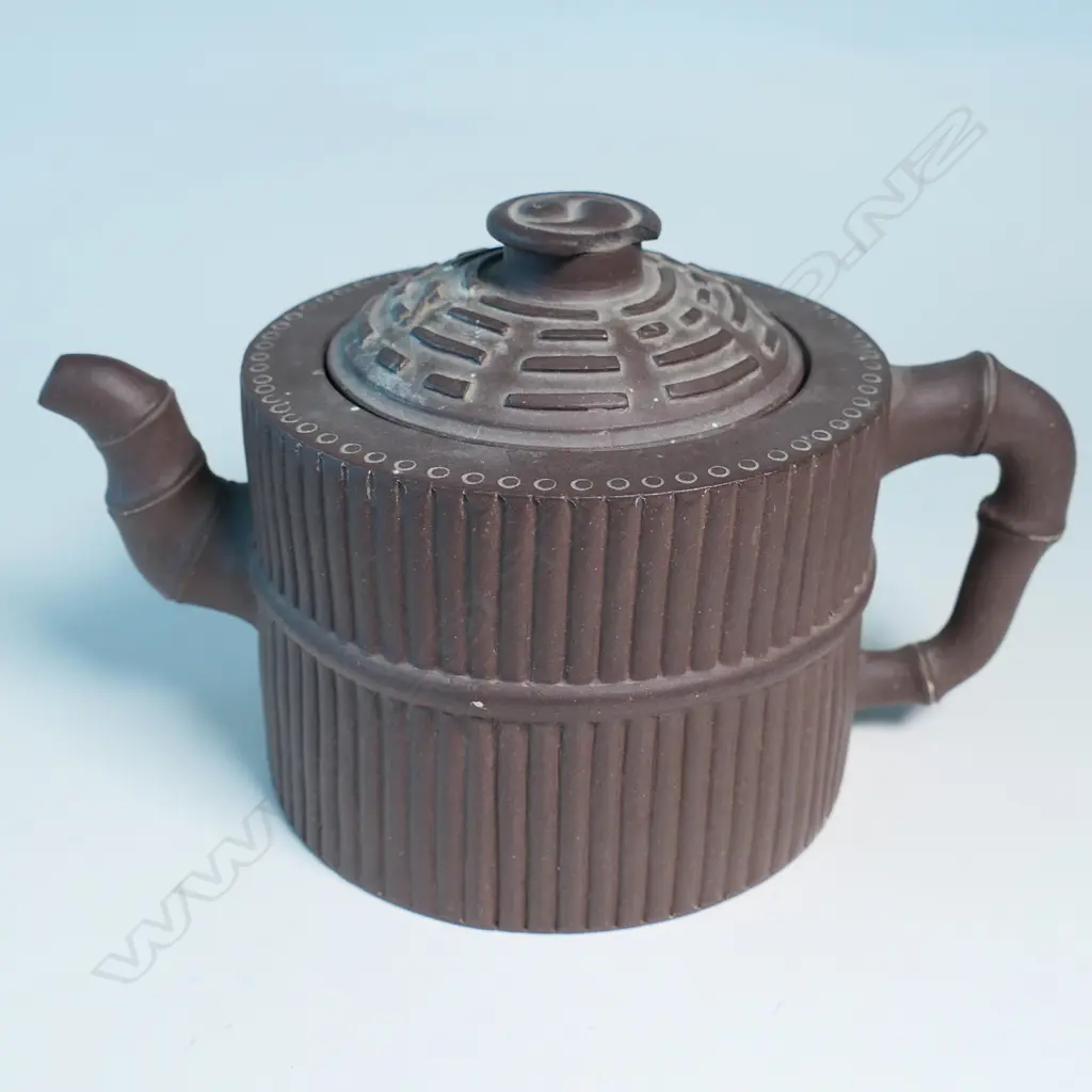 YIXING TEAPOT, MARKED 宜興紫砂 (YIXING ZISHA), MODELLED AS BUNDLED YARROW STALKS , I-CHING TRIGRAM PATTERN LID, CHIPS. W.190 Image 1++
